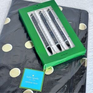 Kate Spade Bundle Black and Gold Notepad Folio with Black Dot Pen Set